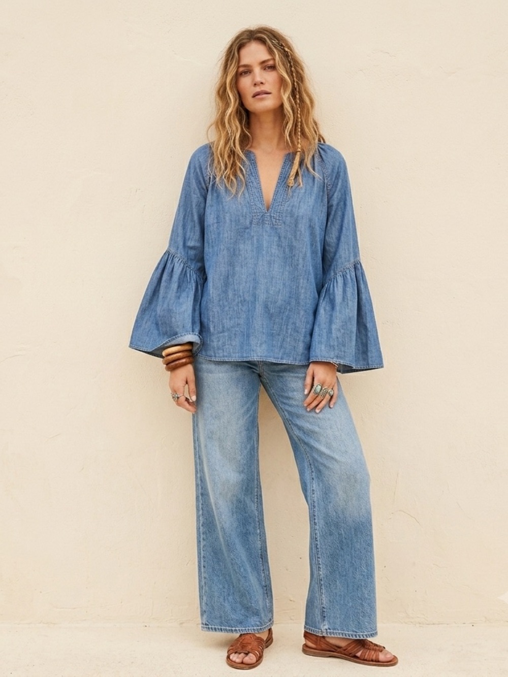 Boho Electric BCBGMaxazria Western Rodeo Chambray Pleated Bell Sleeves Sz-XS